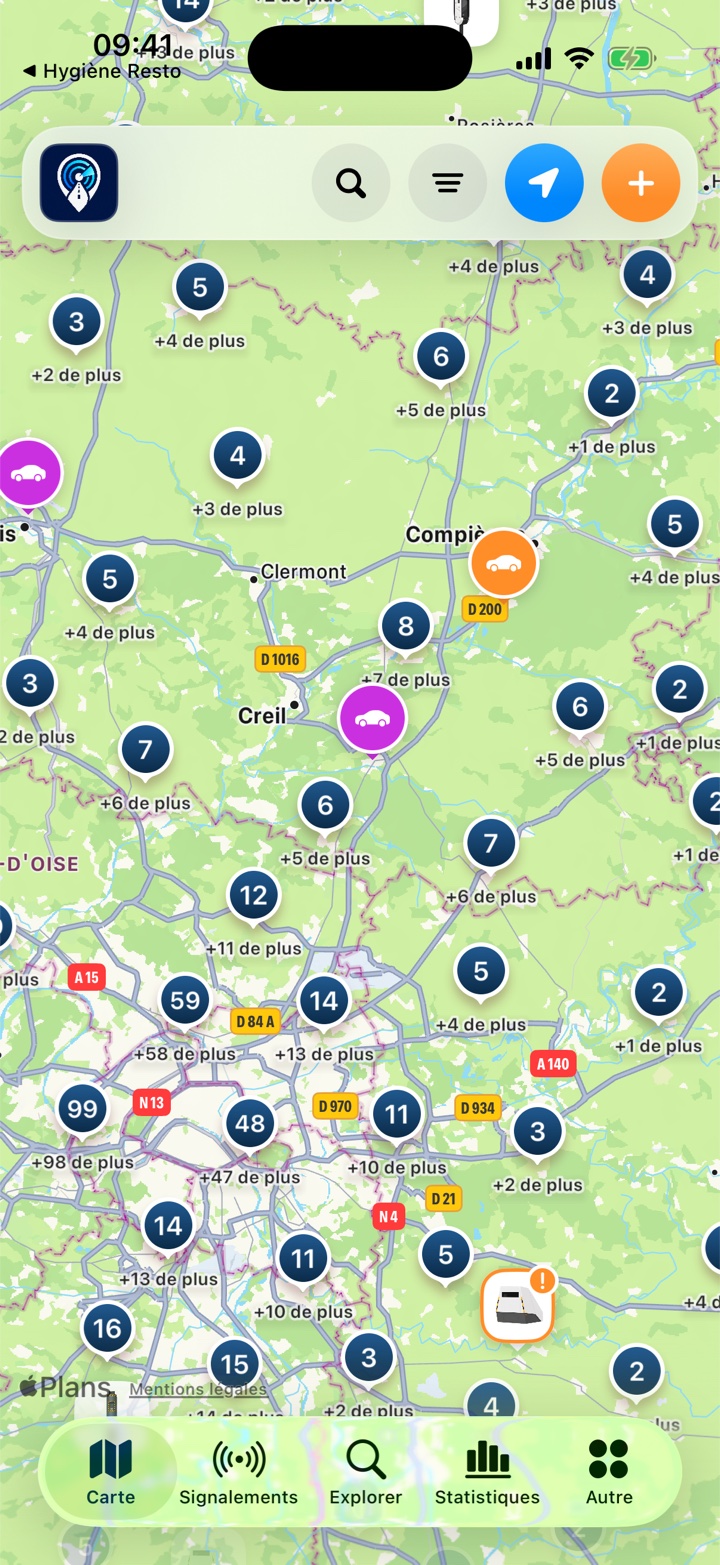 Capture réelle de l’écran Carte de Radar France affichant les radars sur la France