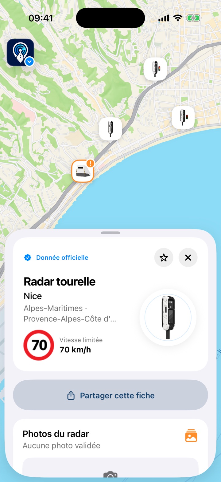 Capture réelle de la fiche d’un radar tourelle à Nice dans Radar France