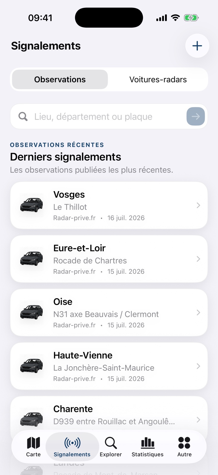 Écran Signalements de Radar France